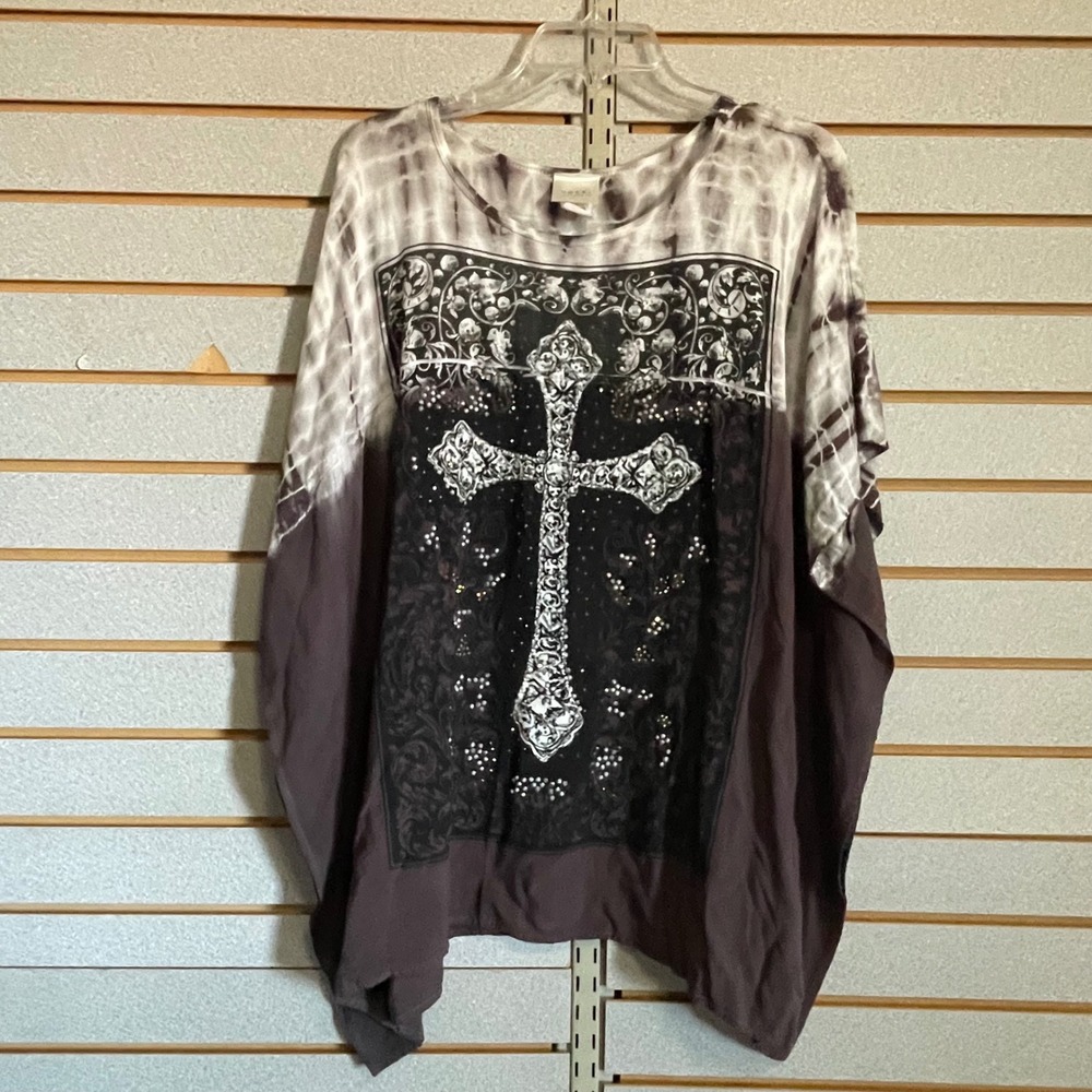 Vocal California Womens Oversized Tunic Top Grey Tie Dye Rhinestone Cross Small